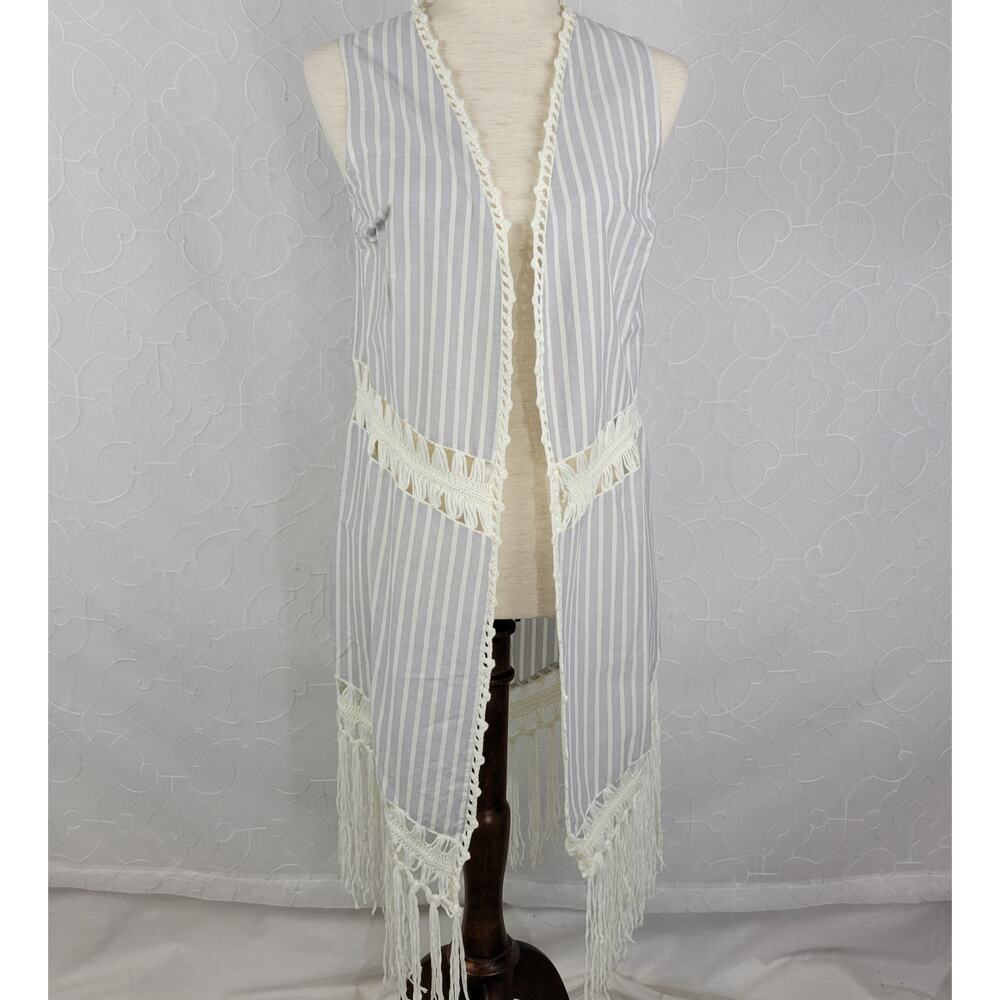 Indigo Thread Co Vest XS Blue White Striped Duster Crochet Fringe Open Front